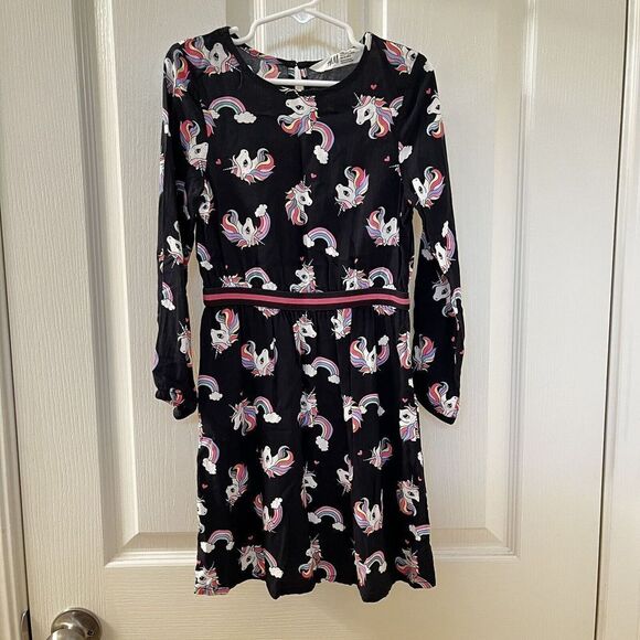 H&M Unicorn and Rainbow Dress Black Long Sleeve Elastic Waist Girls Size 5-6 - Picture 1 of 14